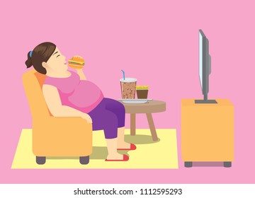 Fat woman eating fast food on sofa and watching TV at home. Illustration about cause of obesity and overweight.