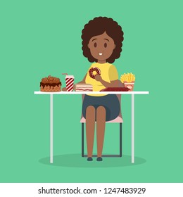 Fat woman eating fast food. Unhealthy nutrition concept. Cake and french fries for dinner. Junk food addiction. Isolated flat vector illustration