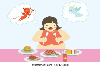 Fat woman eating fast food, She have angel and devil in her mind