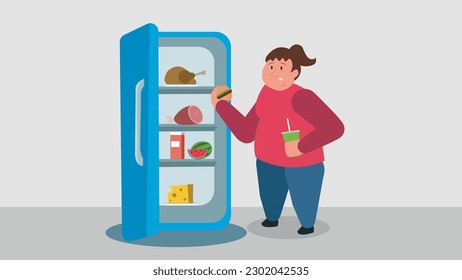 Fat woman is eating food near open fridge, holding a hamburger and drink. Hungry female character with weight problem and obesity disorder.