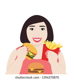 Fat woman eating hamburger and French fries isolated vector-illustration. Fast food business background