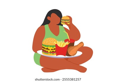 Fat woman eating hamburger and French fries isolated vector-illustration. Fast food business background