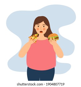 Fat woman eating hamburger and pizza in flat design. Hungry female eating fast food for lunch or dinner on white background.	
