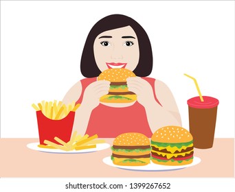 Fat Woman Eating Hamburgers French Fries Stock Vector (royalty Free 