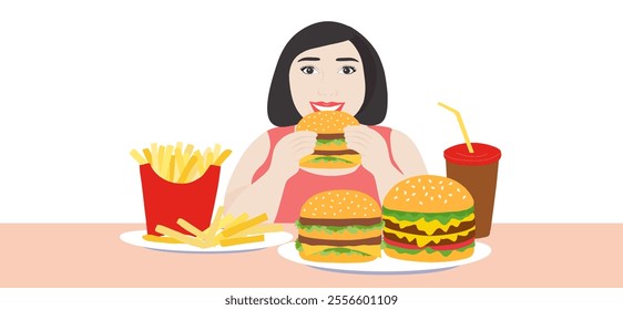 Fat woman eating hamburgers, French fries and drink vector-illustration