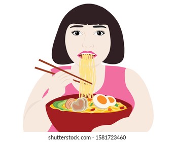 Fat woman eating Japanese ramen noodle with porks, eggs and vegetable isolated vector-illustration. Food noodle concept background