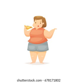 Fat woman eating pizza vector illustration