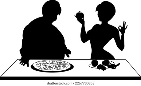 The fat woman eats a big pizza, and the slim athletic girl leads a healthy lifestyle and eats healthy food. Silhouette.
