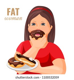 Fat woman eats donuts and cake covered with chocolate