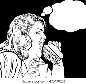 fat woman eats a hamburger coloring book with bubble
