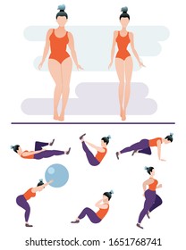 The fat woman was engaged in fitness and became thin. Before and after. Vector isolated image of a fat and thin woman. A set of figures of a complete woman who goes in for sports.