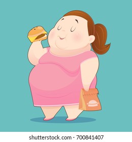 The Fat Woman is Enjoy Eating Many Junk Foods - Overweight People Taste Fast Food, Idea Concept With Character Design, Vector Illustration 10 EPS