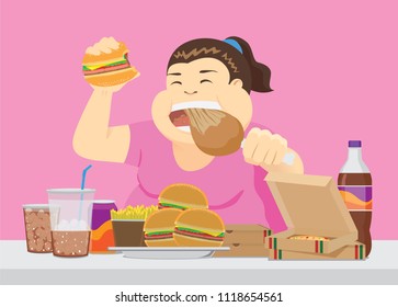 Fat woman enjoy with a lot of fast food on the table. Illustration about overeating.