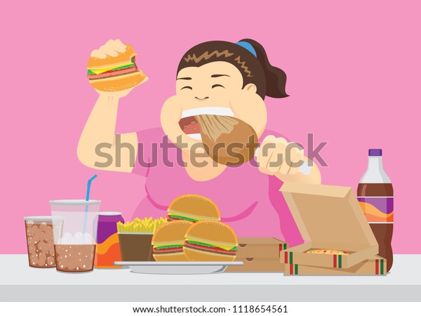 Fat woman enjoy with a lot of fast food\
on the table. Illustration about\
overeating.