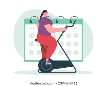 La bicicleta de ejercicio para mujeres gordas es dieta y pérdida de peso, con calendario para programar entrenamiento. Diseño de caracteres. Ilustración plana del vector