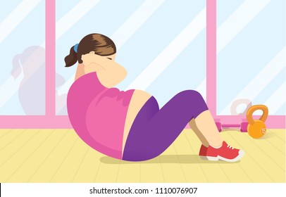Fat woman exercise with doing crunch at gym. Illustration about lose weight.
