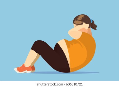 Fat woman exercise with doing sit up. Illustration about lose weight.