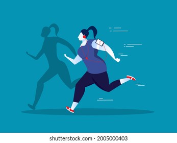 fat woman exercise on with thin body shadow illustrator vector