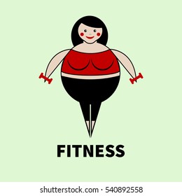 Fat woman exercise. Plus size girl with dumbbells. Vector illustration. Symbol of body positive. Icon of  healthy lifestyle, fitness