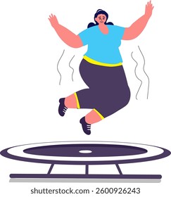 A fat woman is exercising and jumping on a trampoline, having fun.