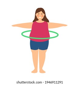 Fat woman exercising spinning hula hoop for better health  on white background.