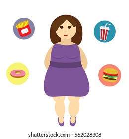 Fat woman with fast food around