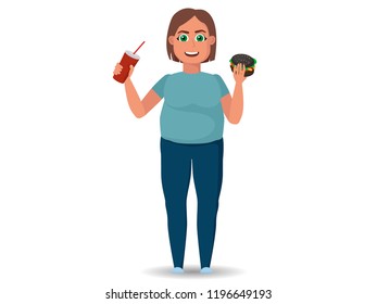 Fat woman with fast food on her hands. Cartoon Vector Illustration. EPS 10