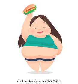 Fat woman with fast food on her hands