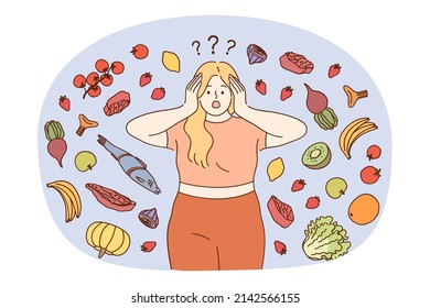 Fat woman feel confused and healthy products choice follow diet losing weight  Overweight girl stressed frustrated and vegetable organic food   meal  Weightloss  Vector illustration  