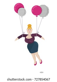 Fat woman flying on balloons. Joy fun and freedom concept. Vector illustration. Woman with colorful latex balloons flying balls.
