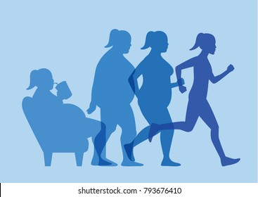 Fat woman get out of sofa and change his body to slim shape in 4 step with run. This illustration about exercise concept.