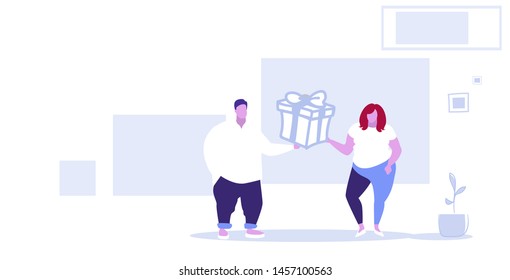 fat woman giving surprise box present to oversize man holiday celebration concept happy over size couple in love sketch horizontal full length