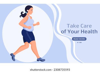 Fat woman goes in for sports, healthy lifestyle banner. The concept of medicine and healthcare. Web banner, landing page, illustration, vector	
