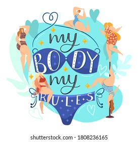 Fat woman group, body positive female people character vector illustration. Happy feminism beauty, body positive cartoon lifestyle. Healthy plus size girl in bikini, overweight woman design concept.