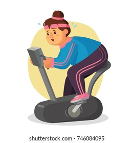 Fat Woman In Gym Vector. Female On Exercise Bike In Gym. Fitness Girl Training. Obese Woman. Isolated Flat Cartoon Character Illustration