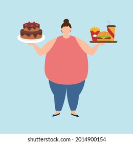 Fat woman with hamburger and chocolate cake in flat design. Unhealthy eating.