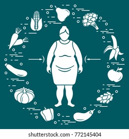 Fat woman with healthy food around her. Healthy eating habits. Design for banner and print.