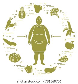 Fat woman with healthy food around her. Healthy eating habits. Design for banner and print.