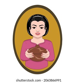 Fat woman holding clay bowl logo. Traditional bun women serving food illustration symbol. Javanese Woman called "Si Mbok"