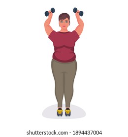 Fat woman holding dumbbells. Goes in for sports and fitness for weight loss. Vector illustration.