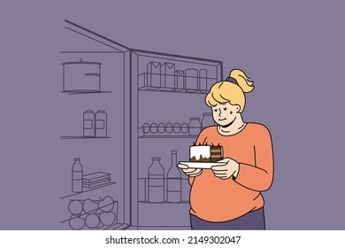 Fat woman holding piece cake thinking eating sweet stuff  Obese female near open fridge overeating suffer from weight   addiction problem  Diet   healthy lifestyle  Vector illustration  