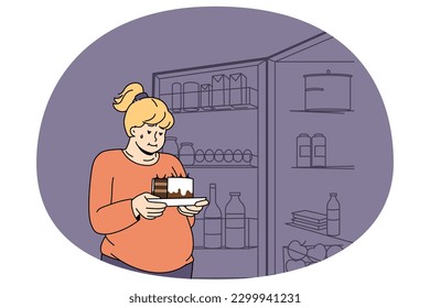 Mujer gorda sosteniendo un pedazo de pastel pensando en comer cosas dulces. Las hembras obesas que se encuentran cerca de una nevera abierta y que consumen demasiado sufren de problemas de peso y adicción. Dieta y estilo de vida saludable. Ilustración vectorial.