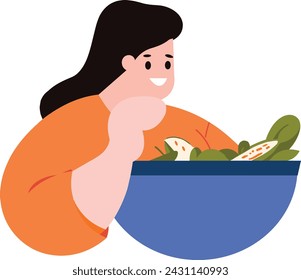 Fat woman holding salad flat style isolated on background