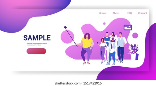 fat woman holding selfie stick businesswoman with colleagues group taking photo on smartphone camera coworkers team standing together sketch full length horizontal copy space