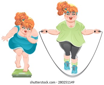 Fat woman with horror looks at the scales, and then jumps on a skipping rope. Illustration in vector format