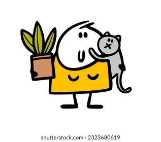 Fat woman hugs a cat and a pot with a plant. Cozy family vector illustration of a person, animal and flower. Hand drawn stick figure character isolated on white background.