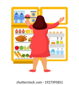 Fat woman hungry and want to eat ice cream from refrigerator in flat design. Big overweight female find food for eating.