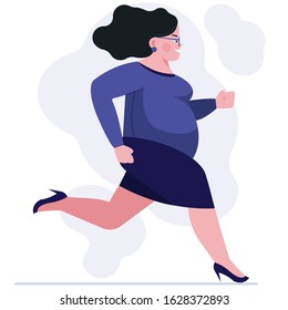 Fat woman in hurry. Female employee in high heeled shoes running to office flat vector illustration. Late, time management concept for banner, website design or landing web page