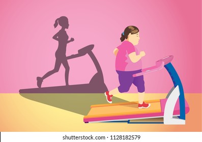 Fat woman jogging on electric treadmill but her shadow was slim. Concept illustration about Lose weight.