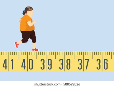 Fat woman jogging on tape measure for lose weight. This is exercise concept.